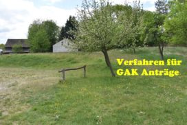 Blühende Obstbäume auf Wiese vor einem Hof, Verfahren für GAK Anträge